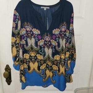 2XL PLUS Elegant Navy and Gold Paisley Women's Top